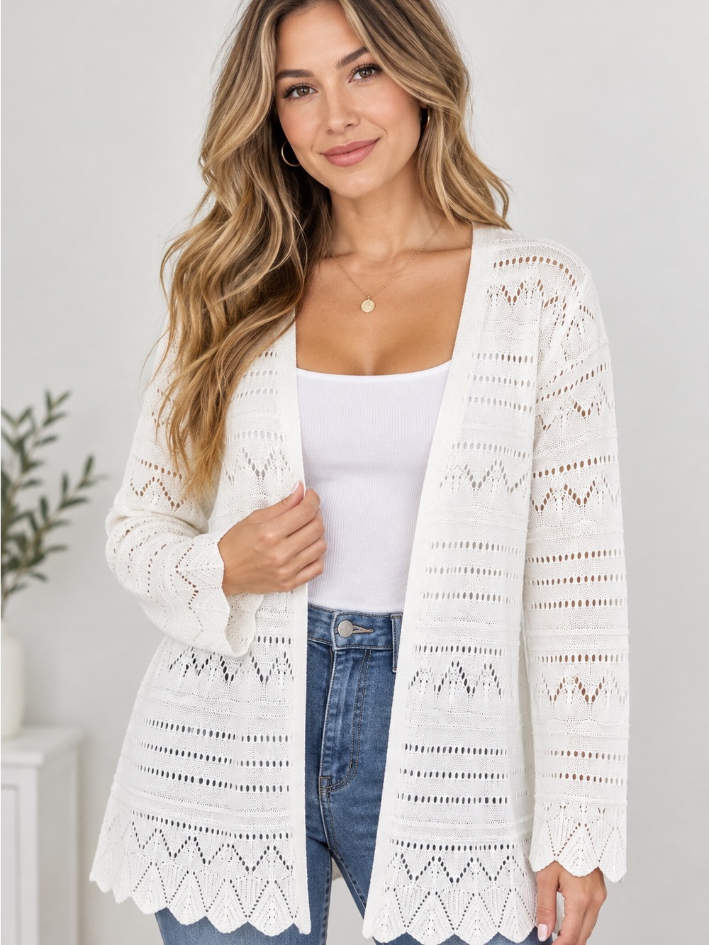 80 Park Ivory White Open Knit Crochet Cardigan Sweater XL Boho